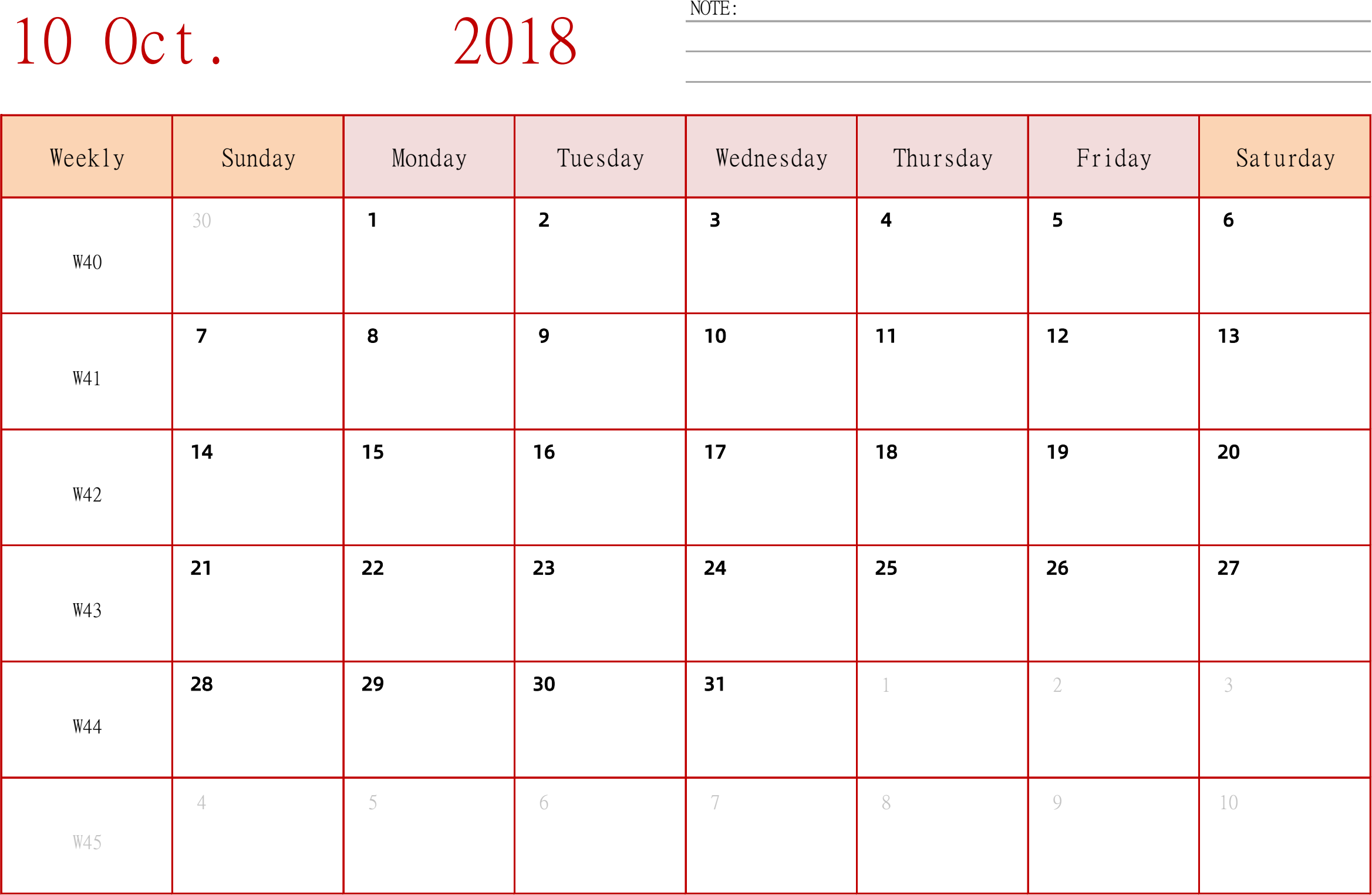 日历表2018年日历 英文版 横向排版 周日开始 带周数